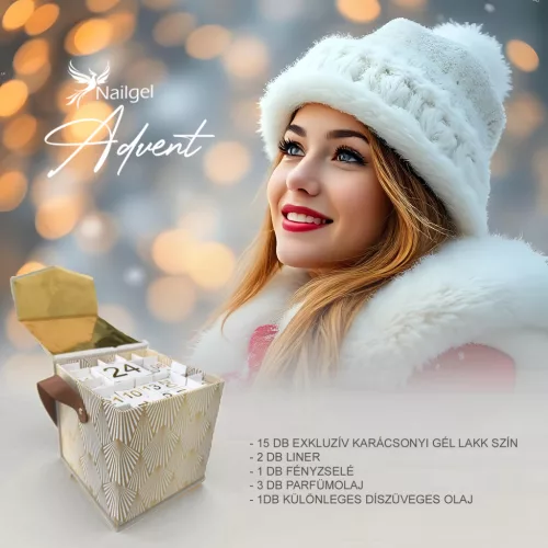 Adventný kalendár s 15 gél lakmi, 2 linermi a olejmi v darčekovej krabičke