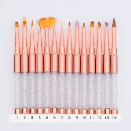   14 ks štetcov na umelé nechty, v rose gold farbe, zdobené kryštálmi
